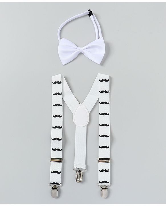 Babyhug Free Size Mustache Printed Bow and Suspender Set - White