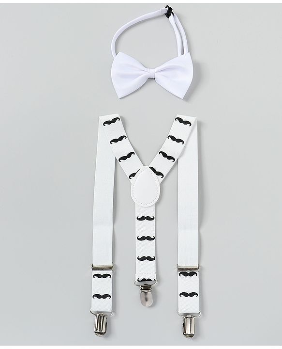 Babyhug Free Size Mustache Printed Bow and Suspender Set - White
