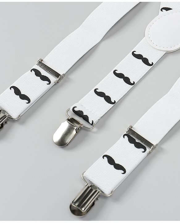 Babyhug Free Size Mustache Printed Bow and Suspender Set - White