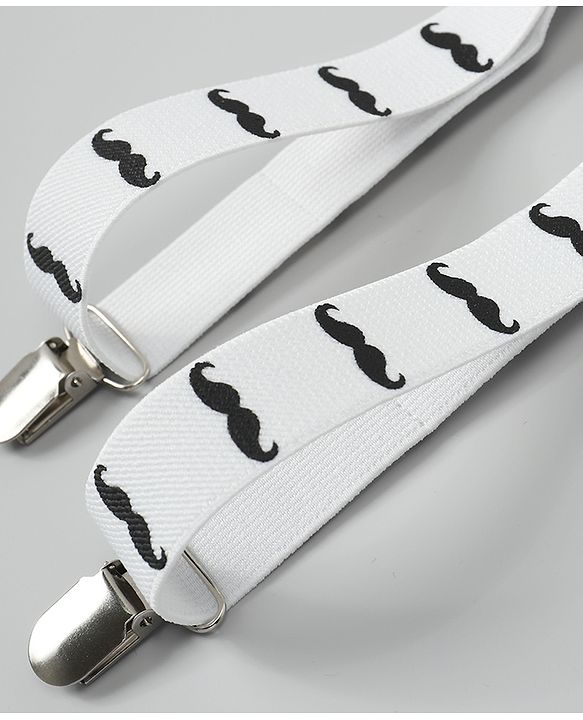 Babyhug Free Size Mustache Printed Bow and Suspender Set - White