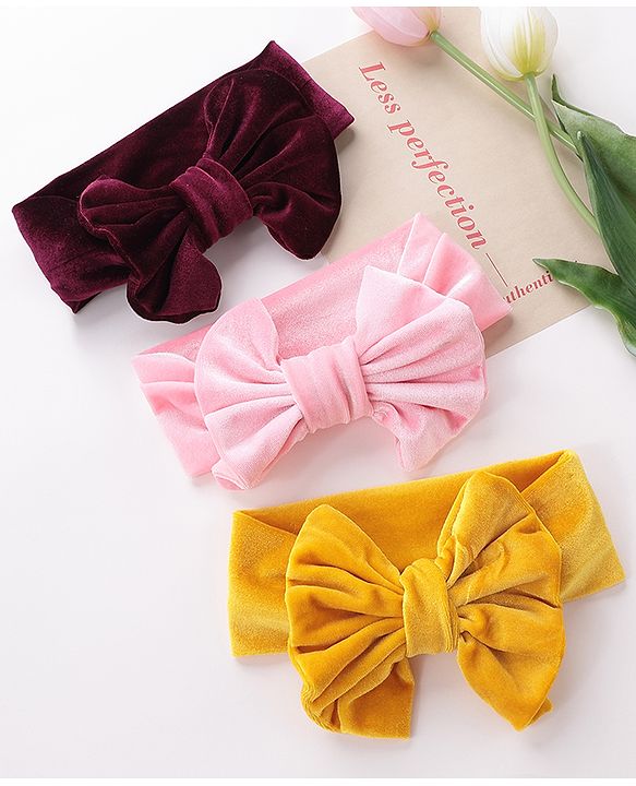 Babyhug Free Size Bow Headbands Pack of 3 - Wine Pink & Yellow