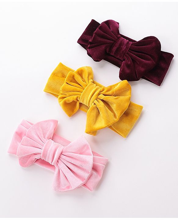 Babyhug Free Size Bow Headbands Pack of 3 - Wine Pink & Yellow