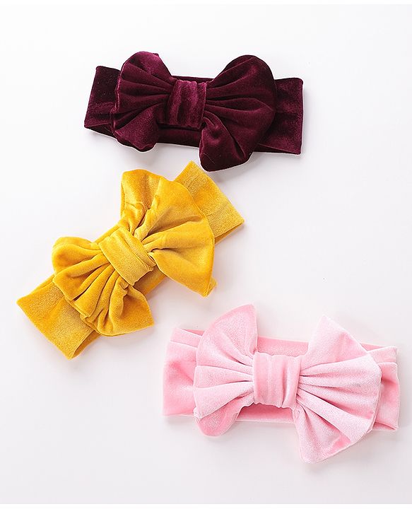 Babyhug Free Size Bow Headbands Pack of 3 - Wine Pink & Yellow