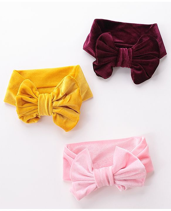 Babyhug Free Size Bow Headbands Pack of 3 - Wine Pink & Yellow