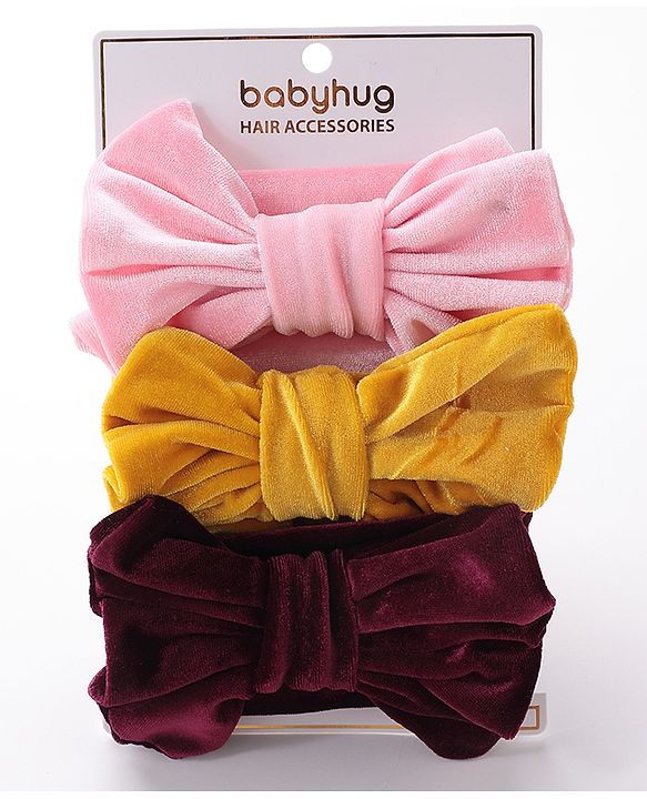 Babyhug Free Size Bow Headbands Pack of 3 - Wine Pink & Yellow