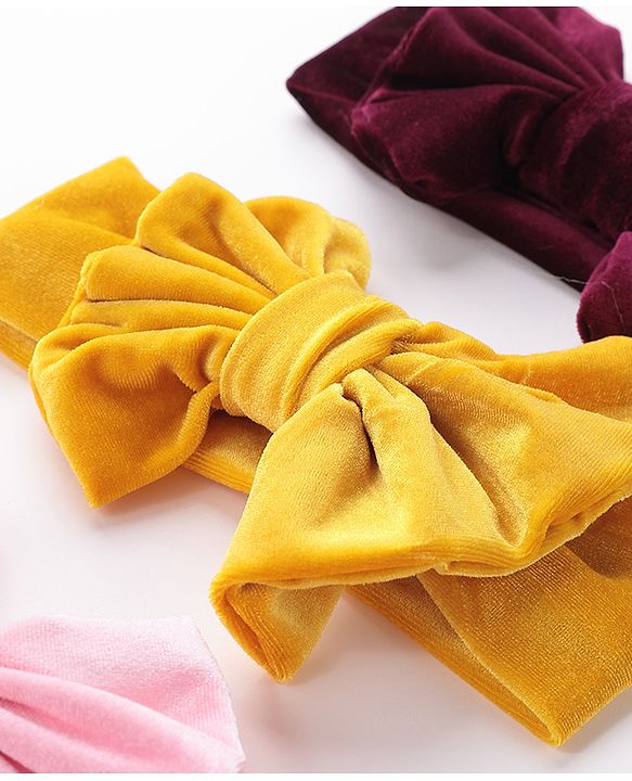 Babyhug Free Size Bow Headbands Pack of 3 - Wine Pink & Yellow