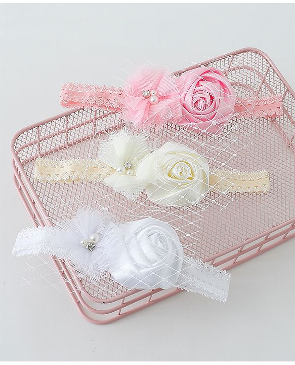 Babyhug Free Size Headbands With Flower Applique Pack of 3- Multicolor