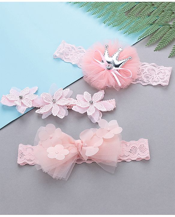 Babyhug Free Size Bow & Flower Headbands Pack of 3 - Pink