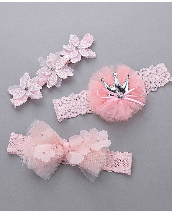 Babyhug Free Size Bow & Flower Headbands Pack of 3 - Pink