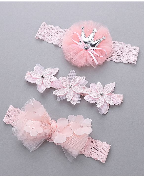 Babyhug Free Size Bow & Flower Headbands Pack of 3 - Pink