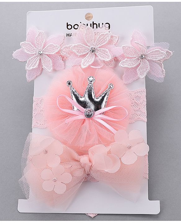 Babyhug Free Size Bow & Flower Headbands Pack of 3 - Pink