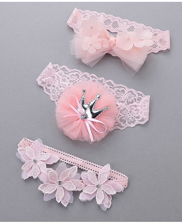 Babyhug Free Size Bow & Flower Headbands Pack of 3 - Pink