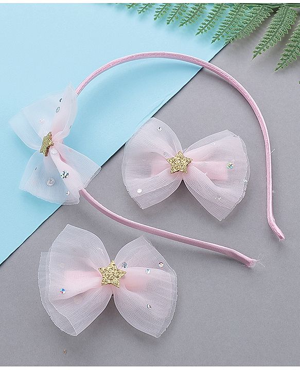 Babyhug Free Size Hair Accessories Combo Set of 3 with Bow Applque - Pink