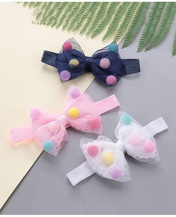 Babyhug Free Size Bow Headbands Pack of 3 - Navy Pink & White