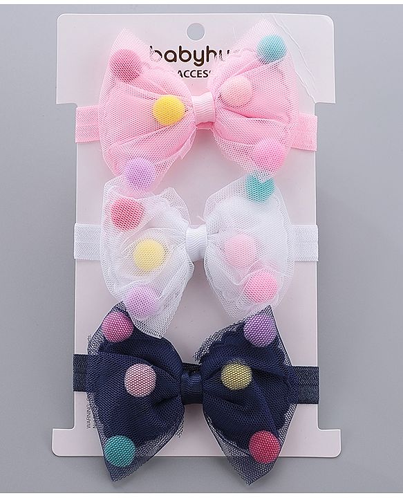 Babyhug Free Size Bow Headbands Pack of 3 - Navy Pink & White