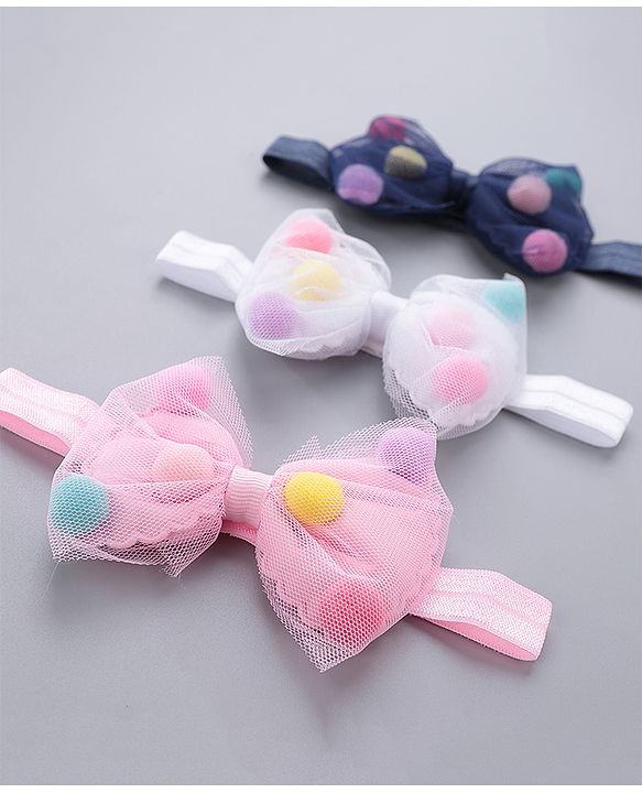 Babyhug Free Size Bow Headbands Pack of 3 - Navy Pink & White
