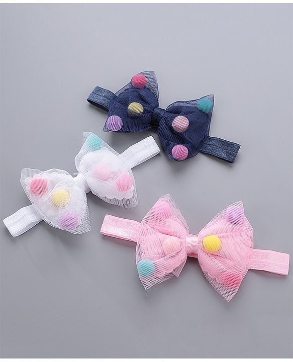 Babyhug Free Size Bow Headbands Pack of 3 - Navy Pink & White