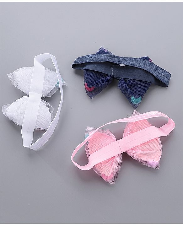 Babyhug Free Size Bow Headbands Pack of 3 - Navy Pink & White