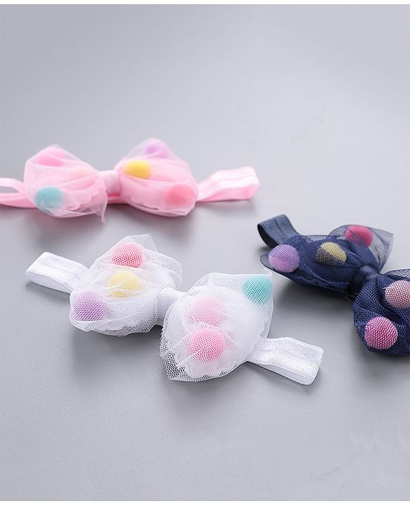 Babyhug Free Size Bow Headbands Pack of 3 - Navy Pink & White