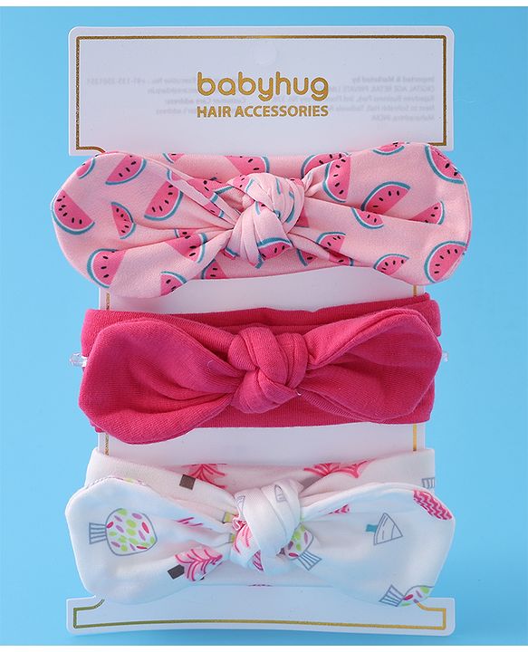 Babyhug Free Size Headbands With Bow Applique Pack of 3 - Pink & White
