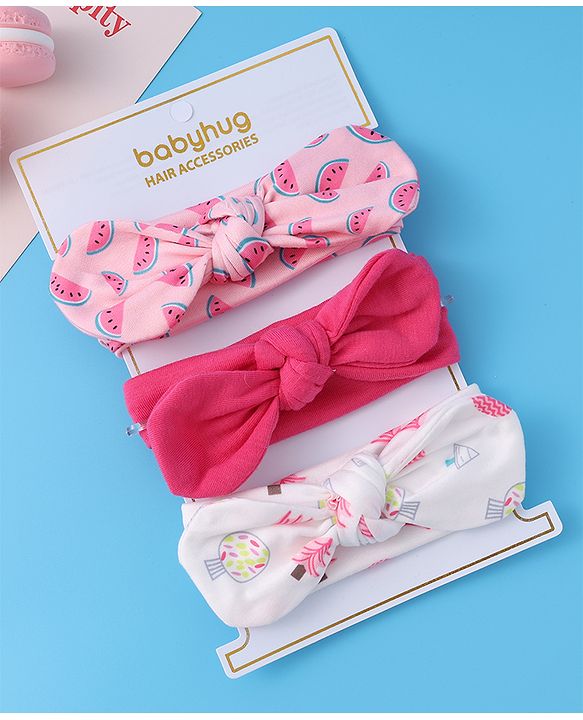 Babyhug Free Size Headbands With Bow Applique Pack of 3 - Pink & White