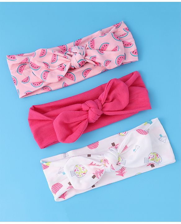 Babyhug Free Size Headbands With Bow Applique Pack of 3 - Pink & White