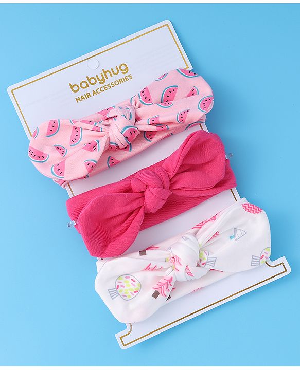 Babyhug Free Size Headbands With Bow Applique Pack of 3 - Pink & White