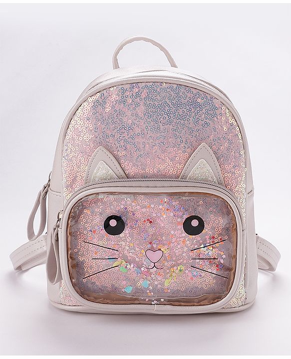 Babyhug Fashion Backpack with Sequinned & Kitty Applique - Beige