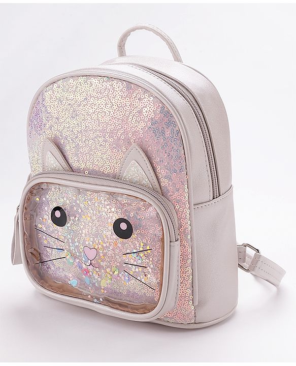 Babyhug Fashion Backpack with Sequinned & Kitty Applique - Beige