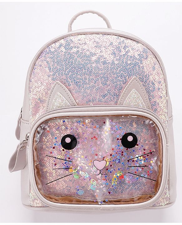 Babyhug Fashion Backpack with Sequinned & Kitty Applique - Beige