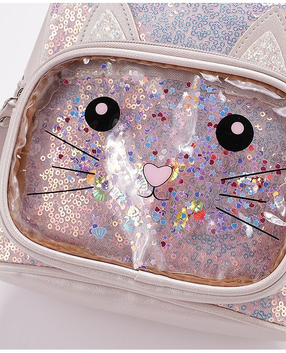 Babyhug Fashion Backpack with Sequinned & Kitty Applique - Beige