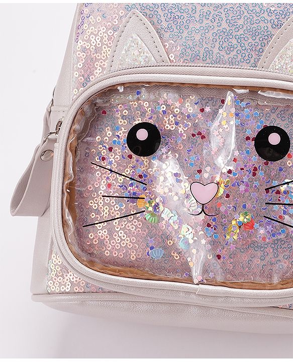 Babyhug Fashion Backpack with Sequinned & Kitty Applique - Beige