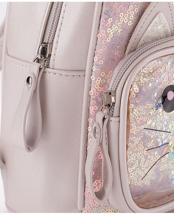 Babyhug Fashion Backpack with Sequinned & Kitty Applique - Beige
