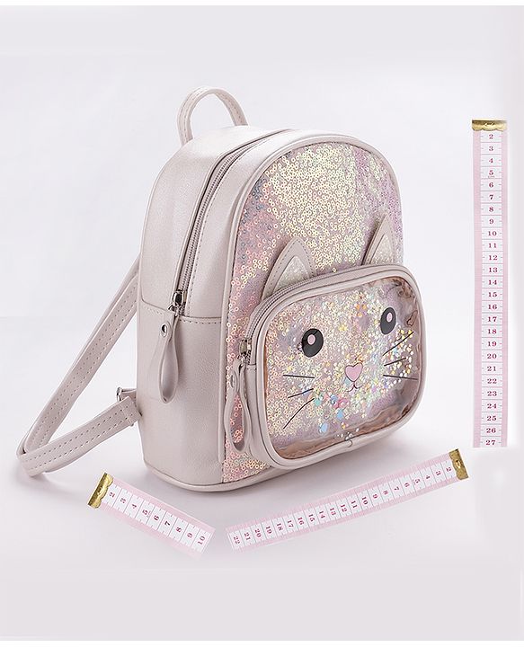 Babyhug Fashion Backpack with Sequinned & Kitty Applique - Beige