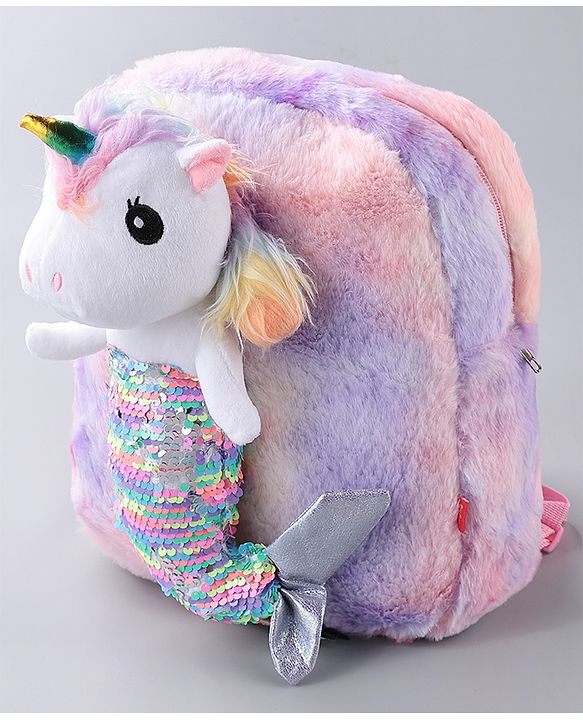 Babyhug Fur Fashion Backpack Unicorn Applique - Multicolor