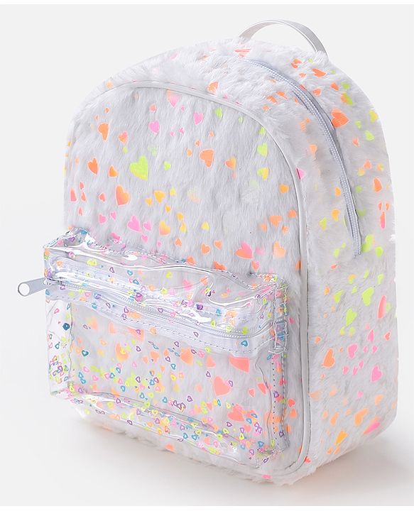 Babyhug Fur Fashion Backpack Heart Print - White