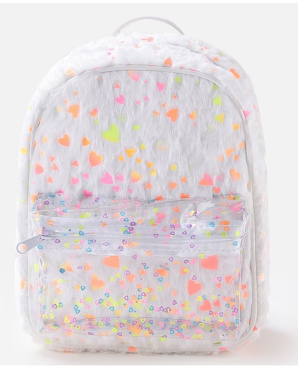 Babyhug Fur Fashion Backpack Heart Print - White