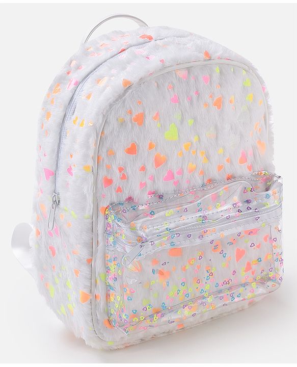 Babyhug Fur Fashion Backpack Heart Print - White