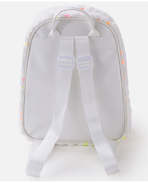 Babyhug Fur Fashion Backpack Heart Print - White