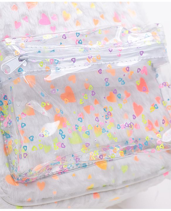 Babyhug Fur Fashion Backpack Heart Print - White