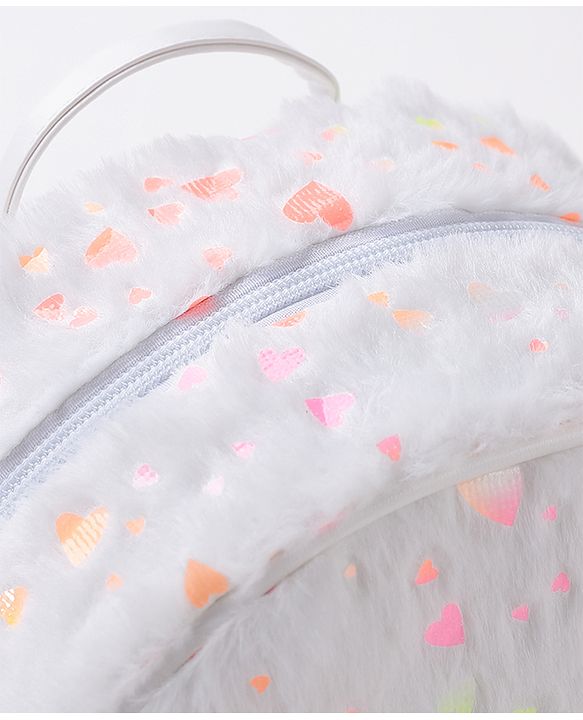 Babyhug Fur Fashion Backpack Heart Print - White