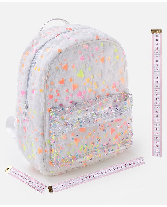 Babyhug Fur Fashion Backpack Heart Print - White