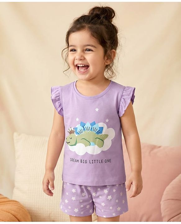 Babyhug Single Jersey Knit Half Sleeves Night Suit Dino Printed - Lavender