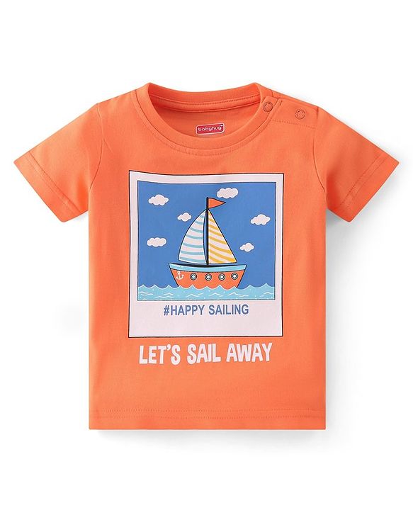 Babyhug Cotton Single Jersey Knit Half Sleeves Night Suit Boat Print - Orange & Blue