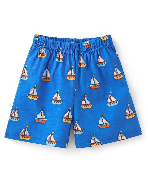 Babyhug Cotton Single Jersey Knit Half Sleeves Night Suit Boat Print - Orange & Blue