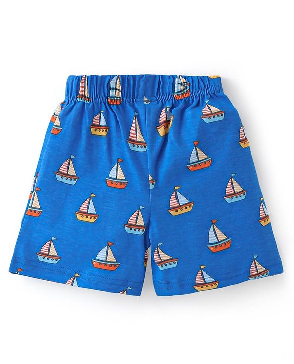 Babyhug Cotton Single Jersey Knit Half Sleeves Night Suit Boat Print - Orange & Blue