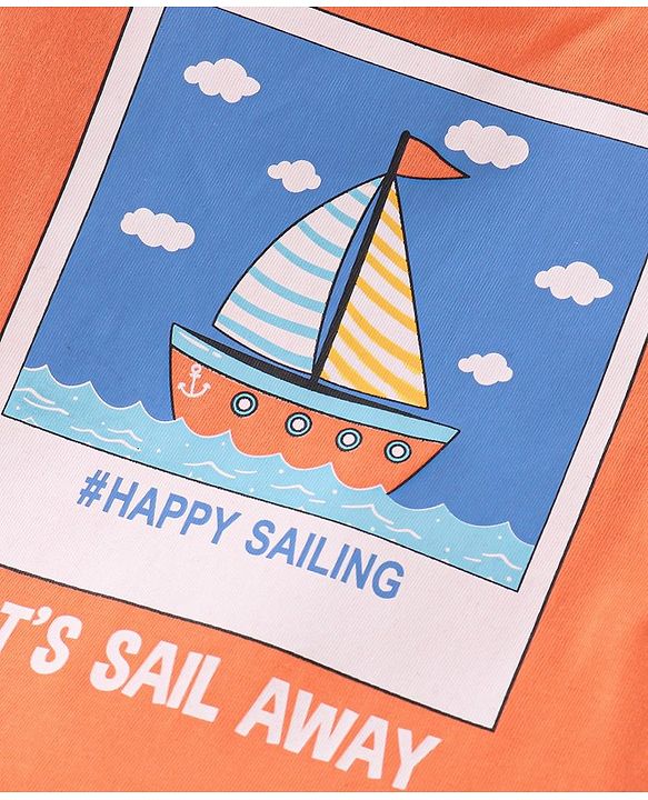 Babyhug Cotton Single Jersey Knit Half Sleeves Night Suit Boat Print - Orange & Blue