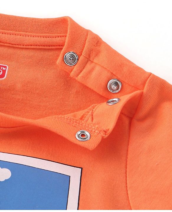 Babyhug Cotton Single Jersey Knit Half Sleeves Night Suit Boat Print - Orange & Blue