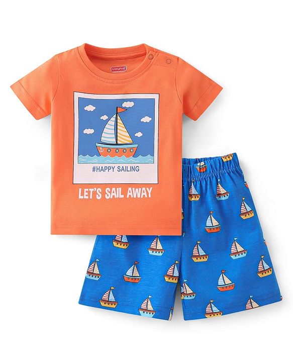 Babyhug Cotton Single Jersey Knit Half Sleeves Night Suit Boat Print - Orange & Blue