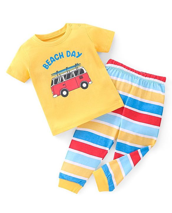 Babyhug Cotton Knit Half Sleeves Night Suit With Van Print - Yellow & Blue
